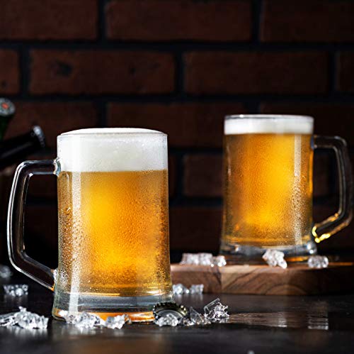 KooK Glass Beer Mugs Set, With Handles, Large Drinking Cups for Tea, Coffee, Root Beer Floats, Dishwasher and Freezer Safe, Clear and Durable, 22 oz, Set of 2