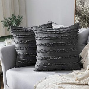 miulee set of 2 decorative boho throw pillow covers linen striped jacquard pattern cushion covers for sofa couch living room bedroom 18x18 inch dark grey