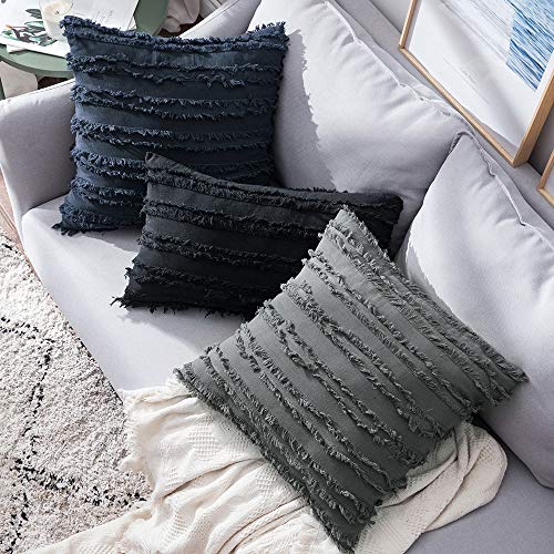 MIULEE Set of 2 Decorative Boho Throw Pillow Covers Linen Striped Jacquard Pattern Cushion Covers for Sofa Couch Living Room Bedroom 18x18 Inch Dark Grey