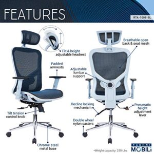 Techni Mobili Mesh Office Chair - High Back Computer Desk Chair with Adjustable Arms, Headrest, & Lumbar Support - Ergonomic Chair with Seat Cushion, Wheels, & Reclining Tilt Lock