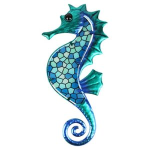 HONGLAND Metal Seahorse Wall Art Blue Mosaic Glass Wall Decor Sculpture Hanging Ocean Decorations for Home, Garden, Fence,Livingroom, Indoor, Outdoor