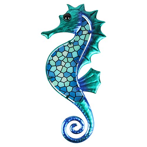 HONGLAND Metal Seahorse Wall Art Blue Mosaic Glass Wall Decor Sculpture Hanging Ocean Decorations for Home, Garden, Fence,Livingroom, Indoor, Outdoor