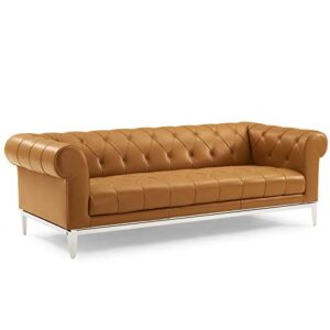 modway idyll tufted button upholstered leather chesterfield sofa, tan