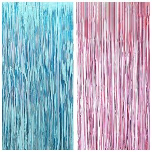 metallic tinsel foil fringe curtains baby shower gender reveals party decoration supplies glitter streamers for party photo backdrop wedding decor pink and blue 2 packs w 3.2 ft x h 9.8 ft
