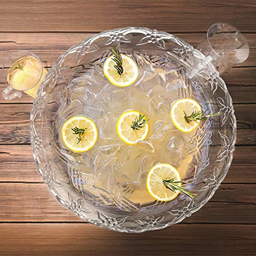 Party Essentials N080621L Hard Plastic Embossed Floral Serving Bowl for Punch/Salad/Snack/Treat, Clear, 8-Quart with ladle