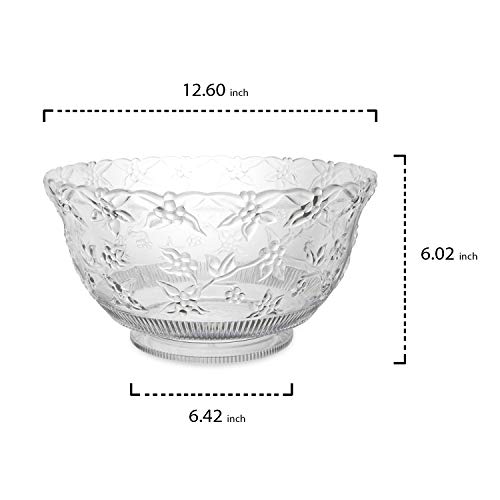 Party Essentials N080621L Hard Plastic Embossed Floral Serving Bowl for Punch/Salad/Snack/Treat, Clear, 8-Quart with ladle