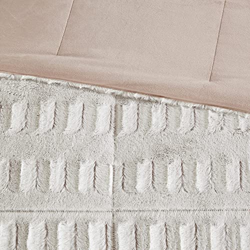 Madison Park Soft Plush Comforter Long Faux Fur Design, Mid Century, Modern All Season Down Alternative Bedding Set with Matching Sham, Full/Queen, Gia, Natural/Blush 3 Piece