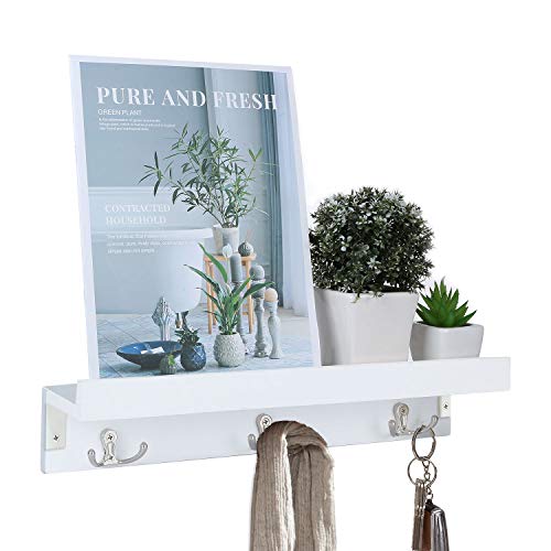 Satauko Wall Mounted Coat Rack Shelf Décor for Photo Ledge Display, Wood Wall Key Holder Hooks Storage, White Floating Shelves Organizer for Entryway, Kitchen, Bathroom.