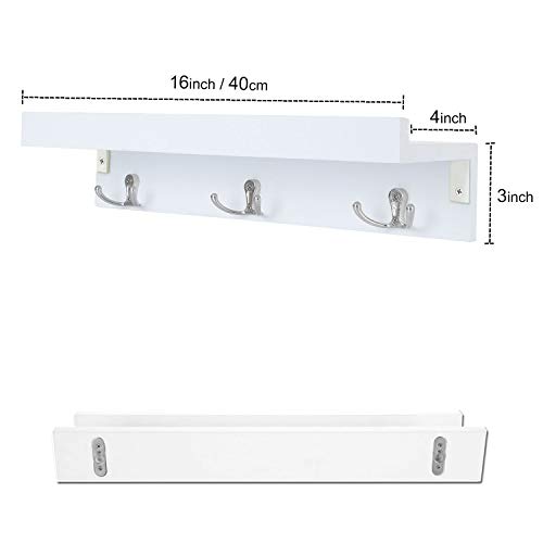 Satauko Wall Mounted Coat Rack Shelf Décor for Photo Ledge Display, Wood Wall Key Holder Hooks Storage, White Floating Shelves Organizer for Entryway, Kitchen, Bathroom.