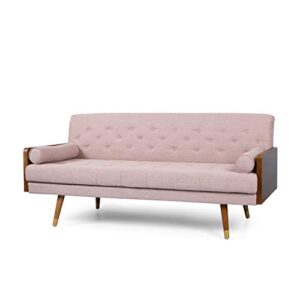 gdfstudio aidan mid-century modern tufted fabric sofa, light blush and dark walnut