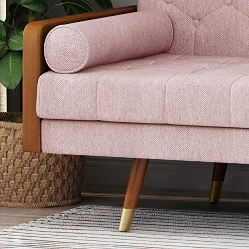 GDFStudio Aidan Mid-Century Modern Tufted Fabric Sofa, Light Blush and Dark Walnut