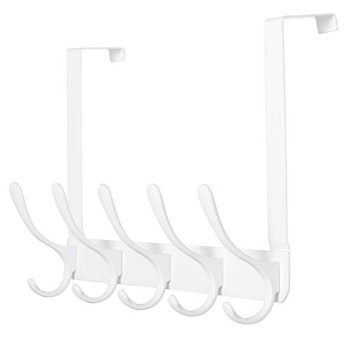 SKOLOO Over The Door Hook Rack, 5 Door Hanger Hooks for Clothes Towels Coat, Over The Door Coat Rack (White)