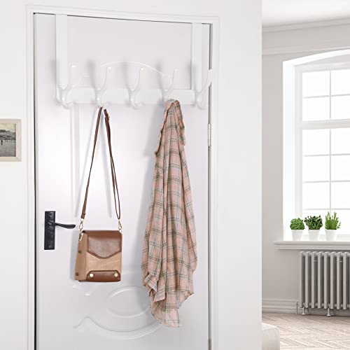 SKOLOO Over The Door Hook Rack, 5 Door Hanger Hooks for Clothes Towels Coat, Over The Door Coat Rack (White)