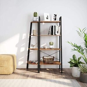 Ballucci Modern Corner Ladder Shelf, 4-Tier Corner Bookshelf Storage Rack & Plant Stand, Wood with Metal Frame - Rustic Brown