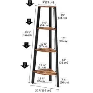 Ballucci Modern Corner Ladder Shelf, 4-Tier Corner Bookshelf Storage Rack & Plant Stand, Wood with Metal Frame - Rustic Brown