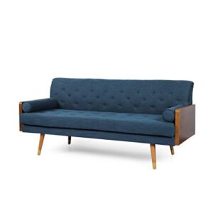 great deal furniture aidan mid-century modern tufted fabric sofa, navy blue and dark walnut