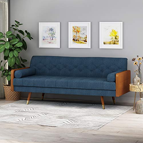Great Deal Furniture Aidan Mid-Century Modern Tufted Fabric Sofa, Navy Blue and Dark Walnut