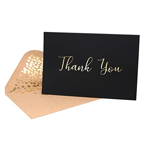 Thank You Cards -50 Pack Black and Gold Thank You Cards, Black Thank You Cards With Fancy Gold Foil letters- Include 52 Kraft Envelopes- For Funeral, Birthday, Wedding Thank You Cards - 4 x 6 inch…