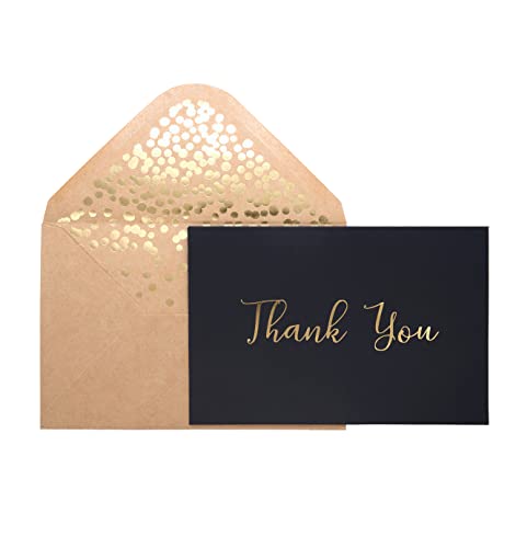 Thank You Cards -50 Pack Black and Gold Thank You Cards, Black Thank You Cards With Fancy Gold Foil letters- Include 52 Kraft Envelopes- For Funeral, Birthday, Wedding Thank You Cards - 4 x 6 inch…