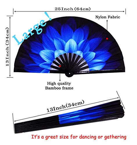 Amajiji Large Folding Fan, Rave Festival Accessories for Men/Women, Chinease/Japanese Bamboo Hand Fan, Performance Decoration Gift Dance Handheld Fan (Blue Flowers)