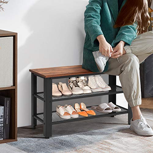 Giantex 3-Tier Shoe Rack Bench, Industrial Shoe Bench with 2 Mesh Shoe Storage Shelves & Seat, Rustic Shoe Rack, Shoe Rack Bench for Entryway, Front Door, Garage Shoe Storage (Rustic Brown)