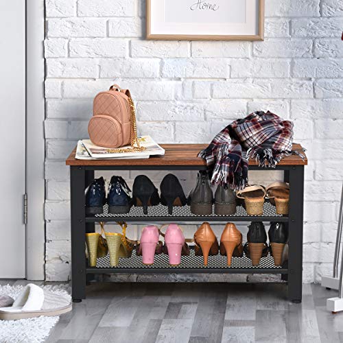 Giantex 3-Tier Shoe Rack Bench, Industrial Shoe Bench with 2 Mesh Shoe Storage Shelves & Seat, Rustic Shoe Rack, Shoe Rack Bench for Entryway, Front Door, Garage Shoe Storage (Rustic Brown)