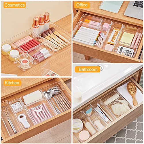 SMARTAKE 13-Piece Drawer Organizers with Non-Slip Silicone Pads, 5-Size Desk Drawer Organizer Trays Storage Tray for Makeup, Jewelries, Utensils in Bedroom Dresser, Office and Kitchen, Clear