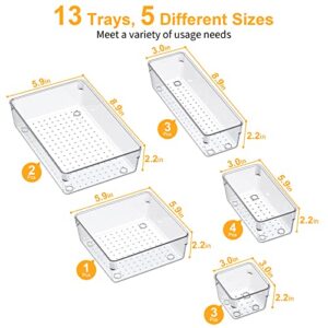 SMARTAKE 13-Piece Drawer Organizers with Non-Slip Silicone Pads, 5-Size Desk Drawer Organizer Trays Storage Tray for Makeup, Jewelries, Utensils in Bedroom Dresser, Office and Kitchen, Clear