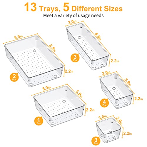 SMARTAKE 13-Piece Drawer Organizers with Non-Slip Silicone Pads, 5-Size Desk Drawer Organizer Trays Storage Tray for Makeup, Jewelries, Utensils in Bedroom Dresser, Office and Kitchen, Clear