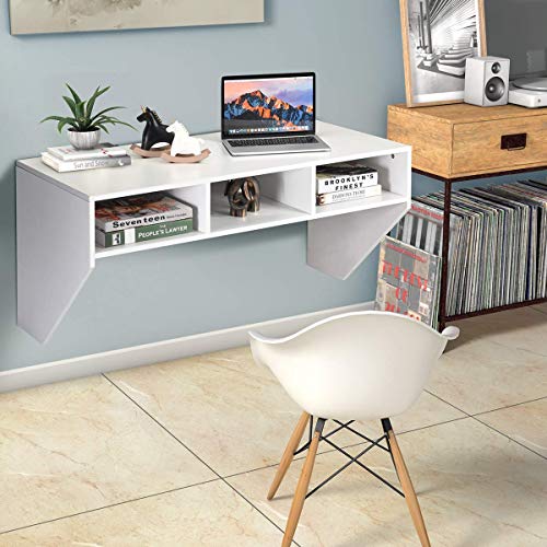 Giantex Wall Mounted Desk Floating Computer Desk, Writing Study Table W/3 Storage Shelves, Laptop PC Table for Living Room, Bedroom, Office (White)