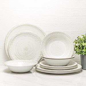 zak designs melamine dinnerware set, 12-piece, service for 4, french country house (oyster white)