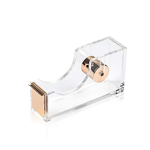 SIRMEDAL Contemporary Ultra Clear Acrylic Gold Quality Tape Dispenser Single Hand Dispensing Acrylic Gold Tape Dispenser, Tape Dispenser for Modern Design Office Desktop