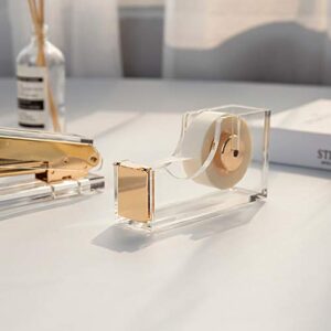 SIRMEDAL Contemporary Ultra Clear Acrylic Gold Quality Tape Dispenser Single Hand Dispensing Acrylic Gold Tape Dispenser, Tape Dispenser for Modern Design Office Desktop