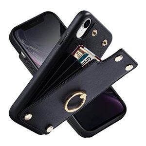 lameeku wallet case for iphone xr, finger kickstand ring holder leather case with card holder slot money pocket 360°rotation metal ring grip stand cover for apple iphone xr 6.1''-black
