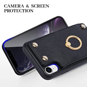 LAMEEKU Wallet Case for iPhone XR, Finger Kickstand Ring Holder Leather Case with Card Holder Slot Money Pocket 360°Rotation Metal Ring Grip Stand Cover for Apple iPhone XR 6.1''-Black