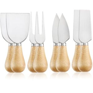 fasmov 8 pieces cheese knives set with acacia wood handle, stainless steel mini cheese knife set for charcuterie and cheese spread, 2 cheese knife, 2 cheese shaver, 2 cheese spreader, 2 cheese fork