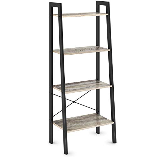 Ballucci Ladder Shelf, 4-Tier Bookshelf, Free Standing Bookcase Storage Rack Plant Stand, Industrial Accent Furniture for Living Room, Home Office, Bathroom, Bedroom - Rustic Gray