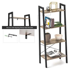 Ballucci Ladder Shelf, 4-Tier Bookshelf, Free Standing Bookcase Storage Rack Plant Stand, Industrial Accent Furniture for Living Room, Home Office, Bathroom, Bedroom - Rustic Gray