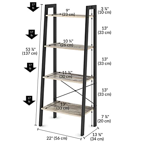 Ballucci Ladder Shelf, 4-Tier Bookshelf, Free Standing Bookcase Storage Rack Plant Stand, Industrial Accent Furniture for Living Room, Home Office, Bathroom, Bedroom - Rustic Gray