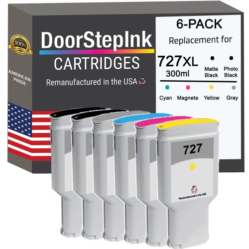 DoorStepInk Remanufactured in The USA Ink Cartridge Replacements for HP 727 300ml 6-PK B C M Y PBK G for Printers DesignJet T1500 T2500 T920 T930