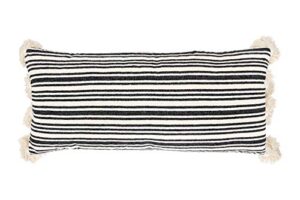 creative co-op white cotton & chenille woven lumbar raised black stripes & thick tassels pillows
