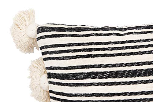 Creative Co-Op White Cotton & Chenille Woven Lumbar Raised Black Stripes & Thick Tassels Pillows