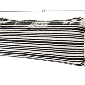 Creative Co-Op White Cotton & Chenille Woven Lumbar Raised Black Stripes & Thick Tassels Pillows