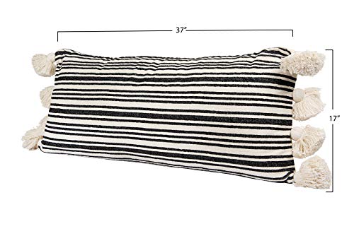 Creative Co-Op White Cotton & Chenille Woven Lumbar Raised Black Stripes & Thick Tassels Pillows