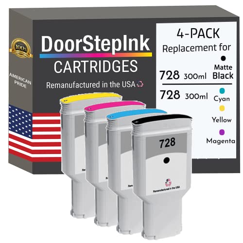 DoorStepInk Remanufactured in The USA Ink Cartridge Replacements for HP 728 300ml Matte Black, Cyan, Magenta and Yellow for Printers DesignJet T730 36-in Printer, DesignJet T830 24-in MFP