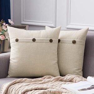 miulee set of 2 decorative linen throw pillow covers cushion case triple button vintage farmhouse pillowcase for couch sofa bed 16 x 16 inch beige