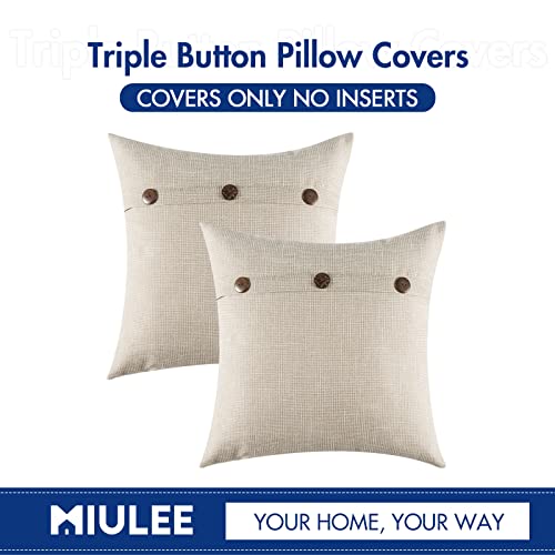 MIULEE Set of 2 Decorative Linen Throw Pillow Covers Cushion Case Triple Button Vintage Farmhouse Pillowcase for Couch Sofa Bed 16 x 16 Inch Beige
