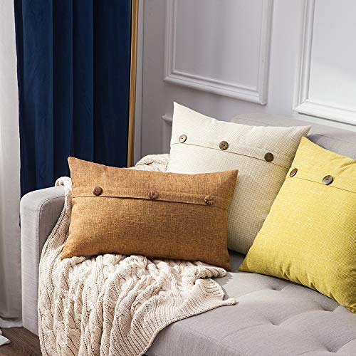 MIULEE Set of 2 Decorative Linen Throw Pillow Covers Cushion Case Triple Button Vintage Farmhouse Pillowcase for Couch Sofa Bed 16 x 16 Inch Beige