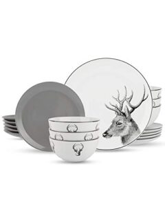 kitchen plates and bowls sets for 6, 18 piece dinnerware sets, dish set with deer theme, microwave safe plates and bowls, chip resistant dinnerware, dishwasher safe