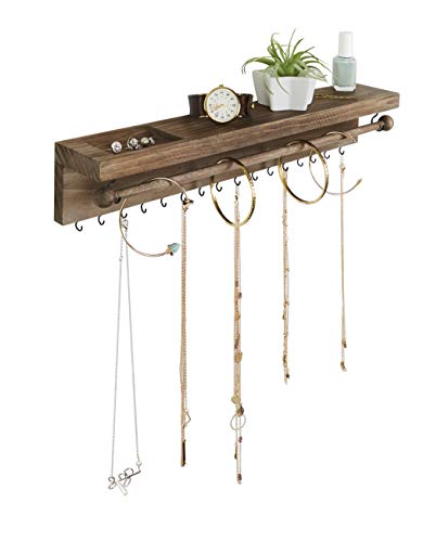 SoCal Buttercup Rustic Necklace and Jewelry Organizer - Hanging Wall Mount Display - Mounted Wooden Holder for Earrings, Necklaces, Bracelets, and Many Other Accessories (Two Piece, Rustic)